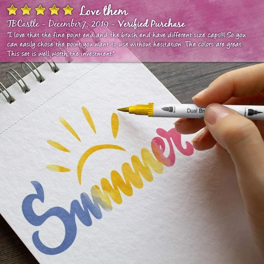 Water Based Art Markers - 16 Colors for Lettering, Coloring, Dual Brush Pens